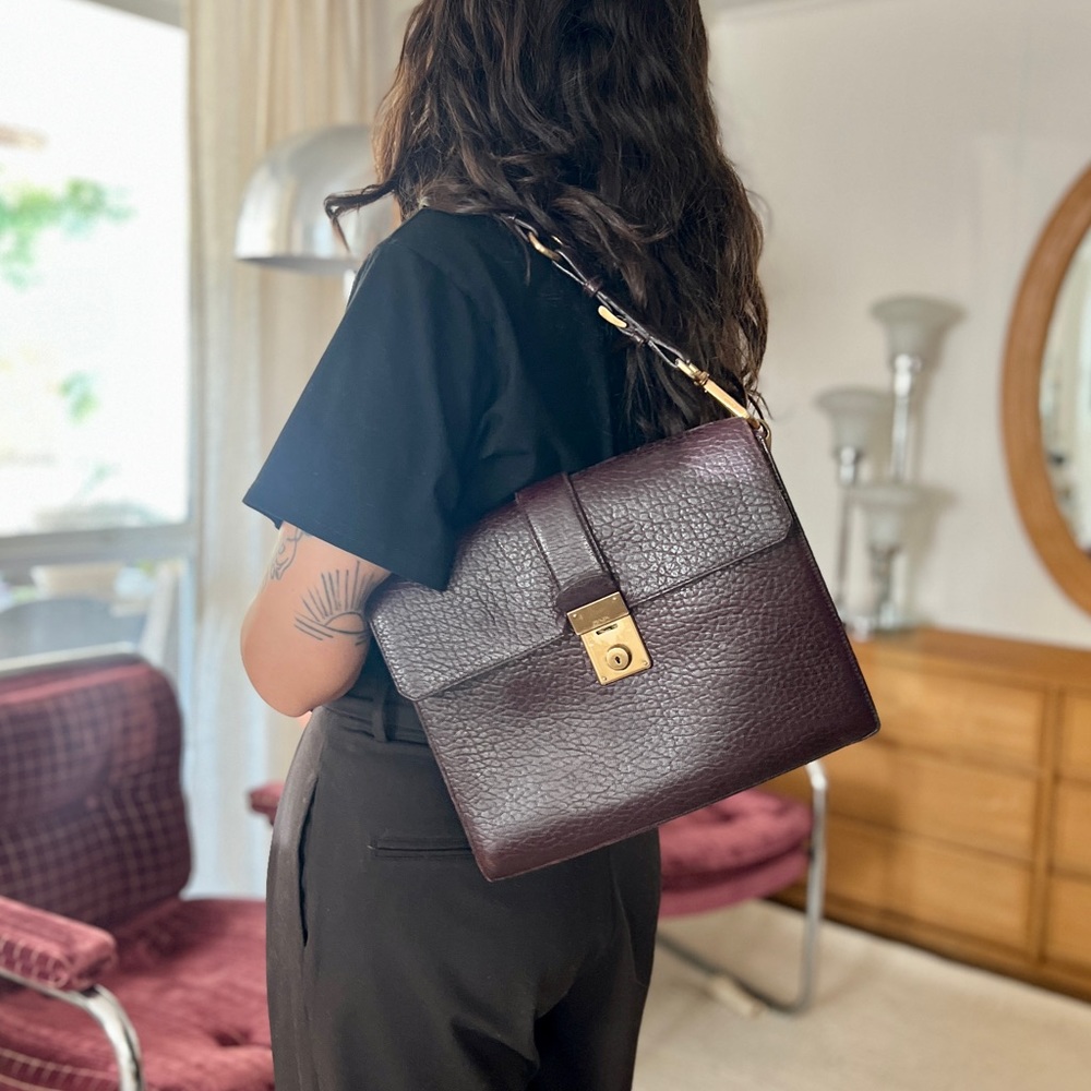 Prada brown leather briefcase shoulder bag with brass and extra strap